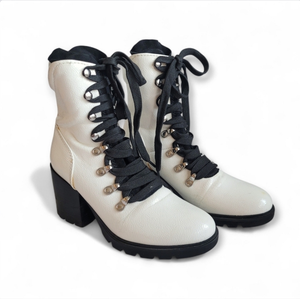 Kendall & Kylie Spencer Block Heel Combat Boots White Patent Leather Size 7